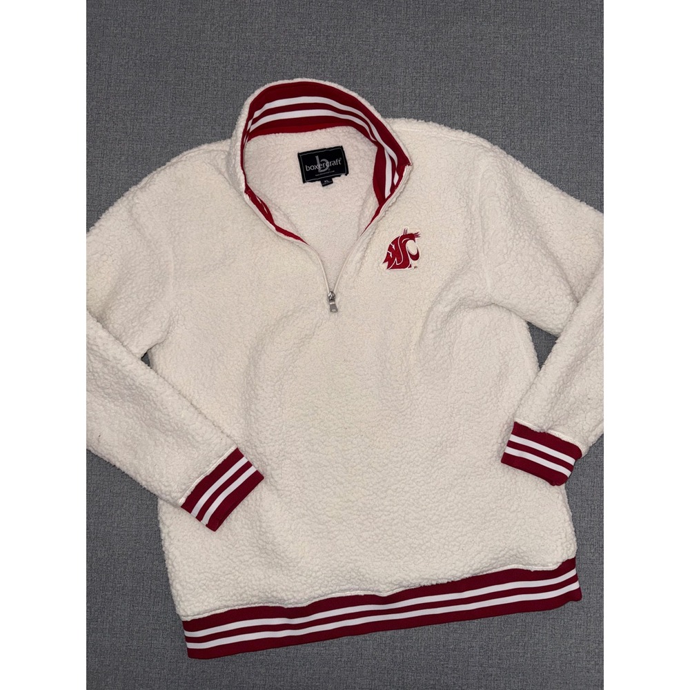 Men.s Boxercraft XL WSU Sherpa Pullover Cream Red Striped Quarter Zip Fleece